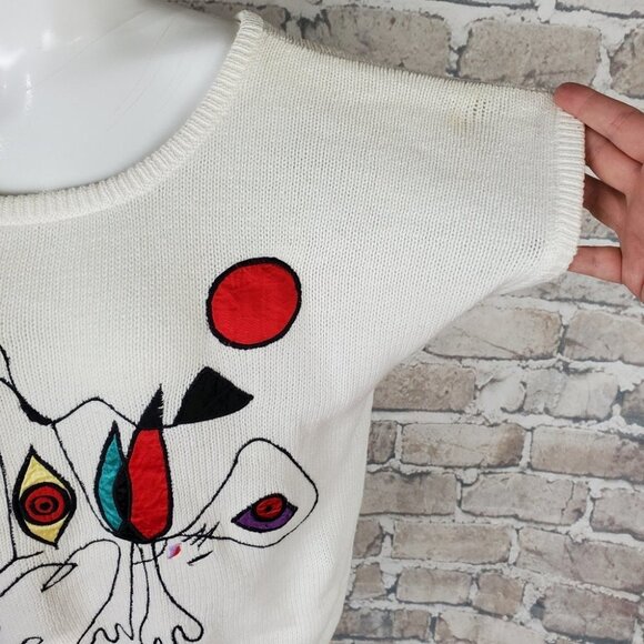 Vintage  80s Embroidered Abstract Line Art Scoop Neck Sweater Measures Medium - Picture 9 of 15